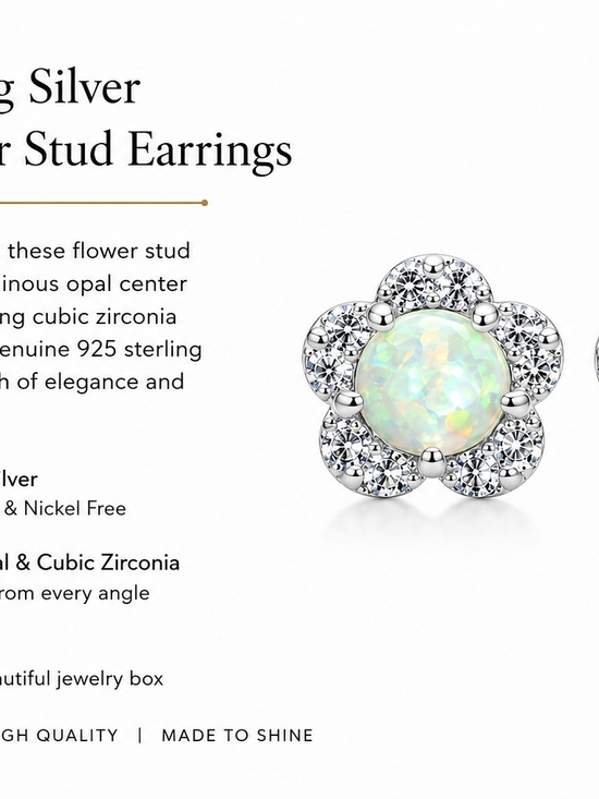 925 Sterling Silver Jewelry - Sterling Silver  925 Opal Flower Stud Earrings - White Opal